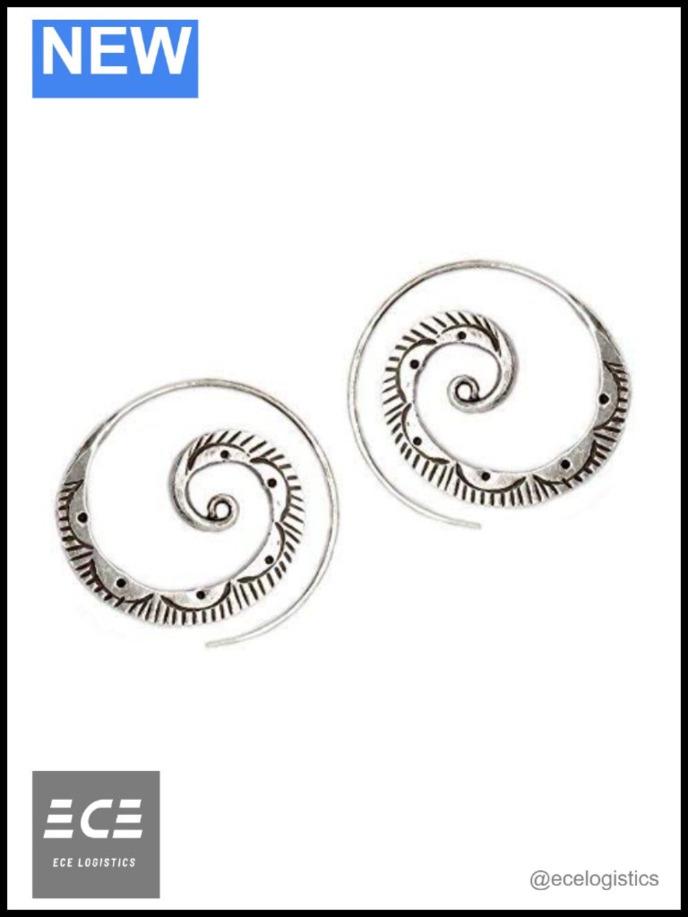 Handmade Sterling Silver Spiral Hoop Earrings Large Boho Ethnic Tribal Engraved
